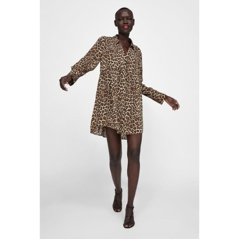 ZARA Flowy V-neck Leopard Oversized Top Shirt Mini Dress LARGE 8355/237 BLOGGER